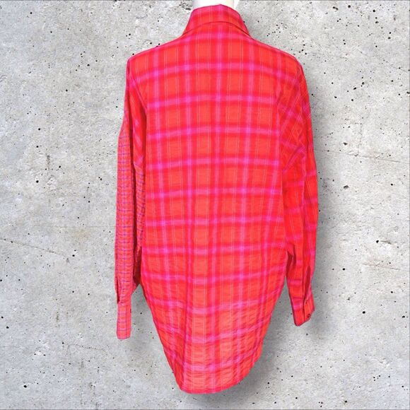 Desigual Patchwork Plaid Shirt Orange Pink Red Womens Small Oversized Button Up - Picture 7 of 15